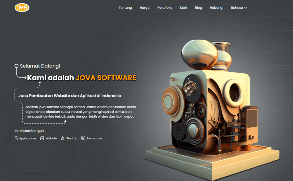 Tampilan website Jova Software dengan latar gelap dan teks putih-oranye kontras sebagai bentuk aksesibilitas.