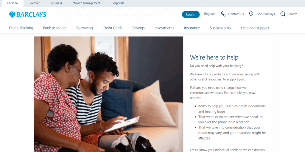 Website Barclays dengan heading dan bullet poin yang menonjol untuk aksesibilitas informasi.